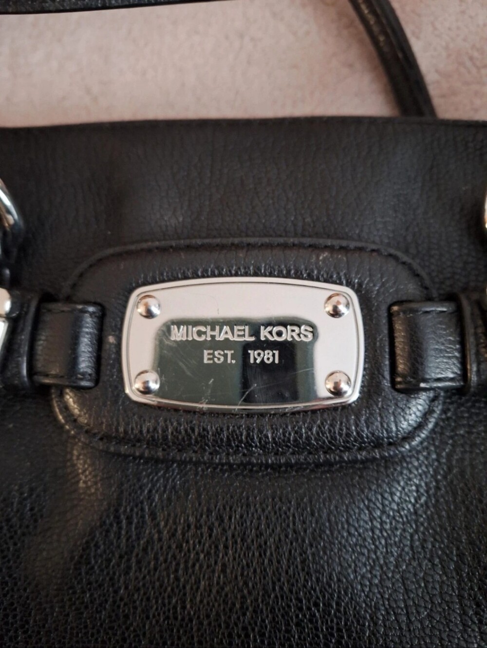 Michael Kors Black Leather Briefcase with Silver-Tone Plaque